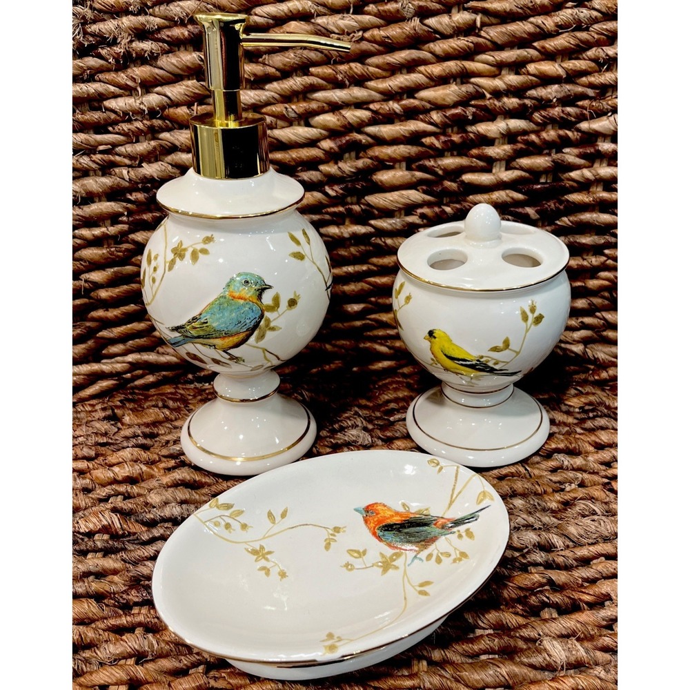 Gilded Birds 3 pc Bathroom Set Soap Dish Lotion Dispenser Toothbrush Holder NWT!